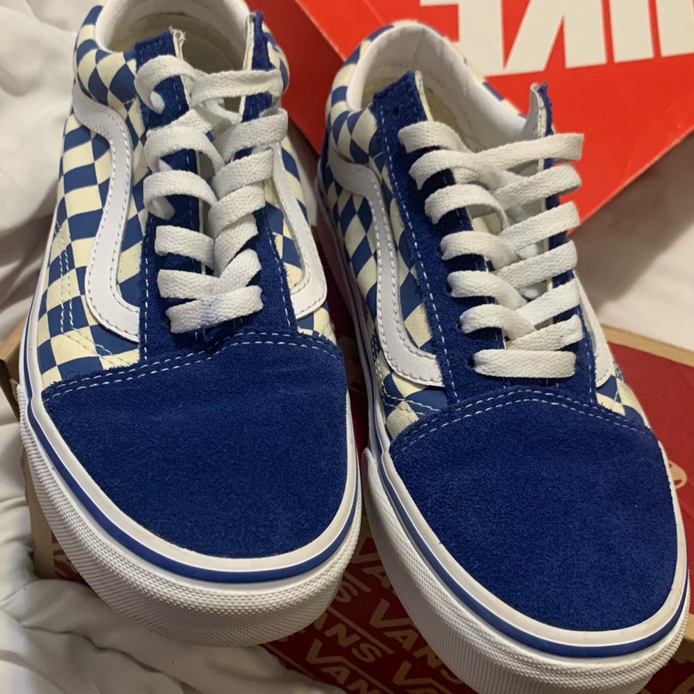 blue and off white checkered vans